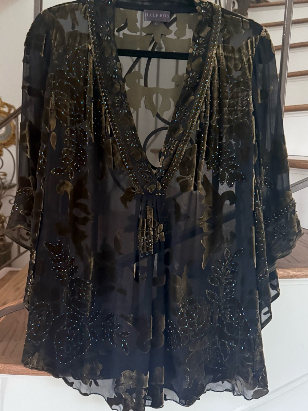 Gorgeous Hale Bob Olive Velvet Burnout V-Neck Tunic with Beaded Detail